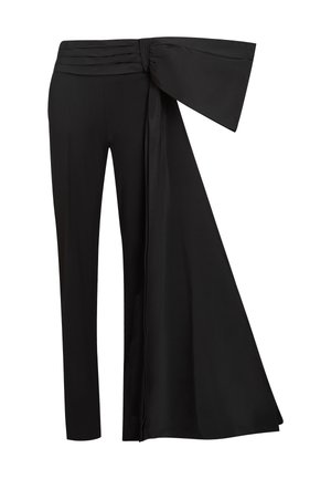 Black trousers with a wide, draped sash detail at the waist. Smooth fabric, straight leg cut, and pleated waistband.