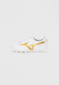 White soccer cleat with gold accents, featuring a smooth synthetic material, textured lines, and lightweight design. Sole has multiple studs.