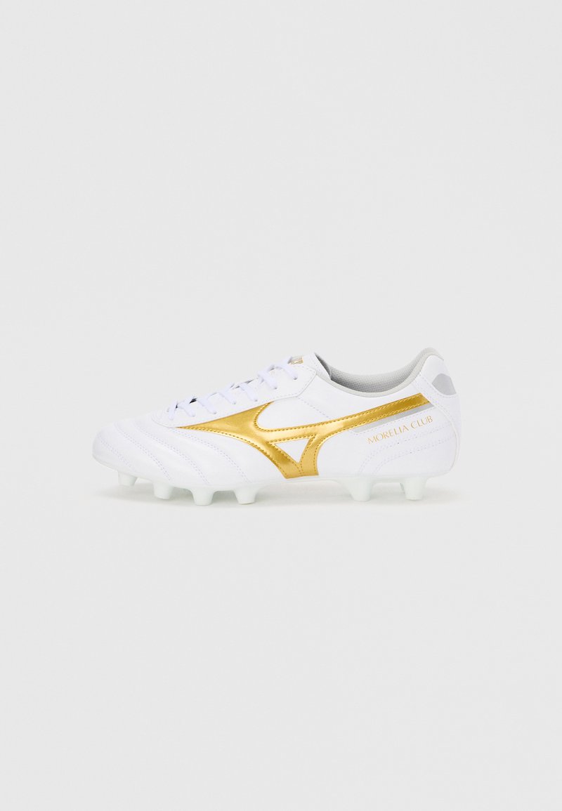 White soccer cleat with gold accents, featuring a smooth synthetic material, textured lines, and lightweight design. Sole has multiple studs.
