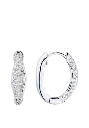 Silver hoop earrings with curved design, one side adorned with small sparkling clear stones, shown from front and side views.