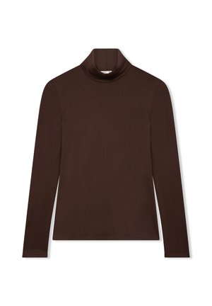 Maglione a manica lunga marrone con colletto alto, realizzato in un tessuto liscio e elastico; presenta un design aderente senza decorazioni.
