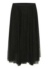 Black tulle skirt with a lined inner layer, featuring a textured fabric and small floral patterns throughout. Elastic waistband for fit.