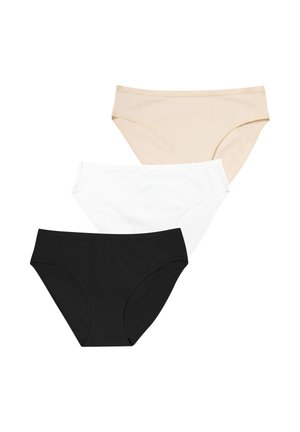 Trois paires de culottes de style bikini pour femmes en beige, blanc et noir, empilées verticalement sur un fond blanc.