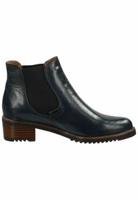 Stivale alla caviglia in pelle blu navy con pannelli laterali elasticizzati, punta arrotondata e tacco basso impilato. Presenta una suola testurizzata per una buona aderenza.