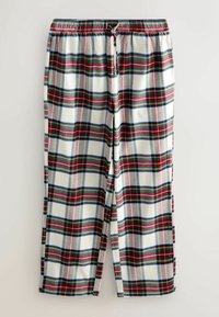 Pantaloni de pijama în carouri, de culoare albă, cu linii roșii, verzi și albastre. Material moale, cu talie elastică și detaliu cu șnur.