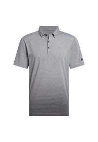 Szara koszulka polo z krótkim rękawem, zapięciem na guziki i subtelnym wzorem w kropki, z efektem gradientu przechodzącym od jasnego do ciemnego na dole.