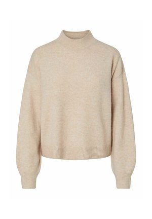 Pull court beige clair avec un col montant, des poignets et un ourlet côtelés. Fabriqué en tissu doux et texturé avec une coupe décontractée.