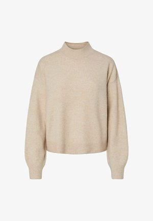 Jasno beżowy krótki sweter z wysokim kołnierzem, prążkowanymi mankietami i dołem. Wykonany z miękkiej, teksturowanej tkaniny o luźnym kroju.