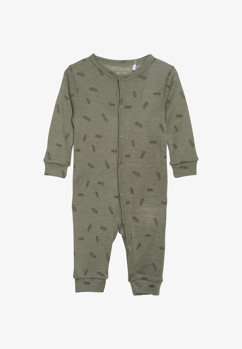 Langarm-Einteiler aus olivgrünem Baumwollstoff mit weicher Textur, featuring einer Knopfleiste vorne und einem kleinen Blattmuster.