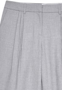 Pantaloni grigi a pieghe realizzati in tessuto testurizzato, con una parte anteriore piatta e una cintura, caratterizzati da pieghe nitide che scendono lungo ogni gamba.