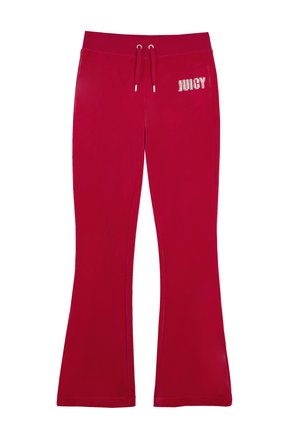Red jogger pants in a soft material, featuring a flared shape, drawstring waist, and "JUICY" text accented in rhinestones on the left hip.
