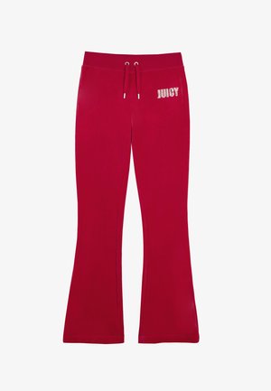 Red jogger pants in a soft material, featuring a flared shape, drawstring waist, and "JUICY" text accented in rhinestones on the left hip.