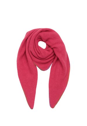 Soft red triangular scarf with multicolor stitched edges, folded with a central loop opening at the top.