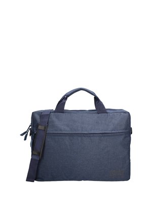 Borsa compatta per laptop blu navy con doppie maniglie, tracolla regolabile, tasca frontale con zip e logo discreto nell'angolo in basso a destra.