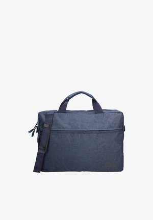 Borsa compatta per laptop blu navy con doppie maniglie, tracolla regolabile, tasca frontale con zip e logo discreto nell'angolo in basso a destra.