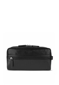 Bolsa de aseo rectangular negra con texturas lisas y acanaladas. Bolsillo frontal con cremallera y asa superior para facilitar el transporte.