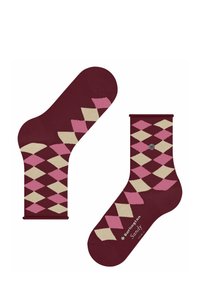 Bordowe skarpetki w diamentowy wzór w kolorze różowym i kremowym. Wykonane z dzianiny, z logo i kontrastowym mankietem.