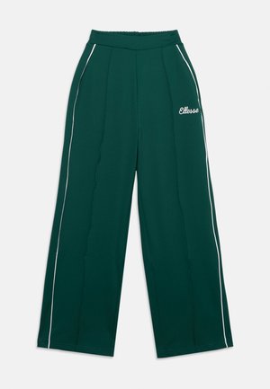 Temno zelene hlače širokih hlačnic z belo stransko obrobo in logotipom "Ellesse" na levi stegni, z elastičnim pasom.
