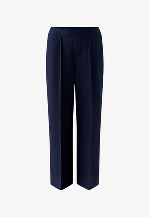 Pantalon large bleu marine à finition lisse, doté d'une ceinture élastique marque et de plis devant pour une structure ajoutée.