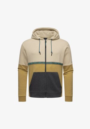 Hoodie mit Reißverschluss, in einem beige, senfgelben und dunkelgrauen Farbblockdesign mit blauen Akzenten und Kordeln.
