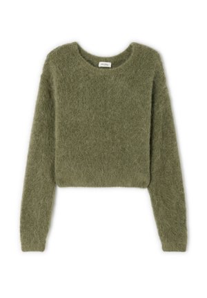 Pull court olive, en matière douce et duveteuse, avec des manches longues et un col rond. Aucune motif visible ni détail matériel.