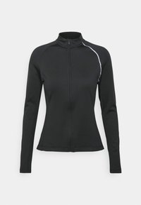 Giacca atletica nera con zip e maniche lunghe, dotata di colletto rialzato e cuciture riflettenti lungo la cucitura della spalla. Texture liscia.
