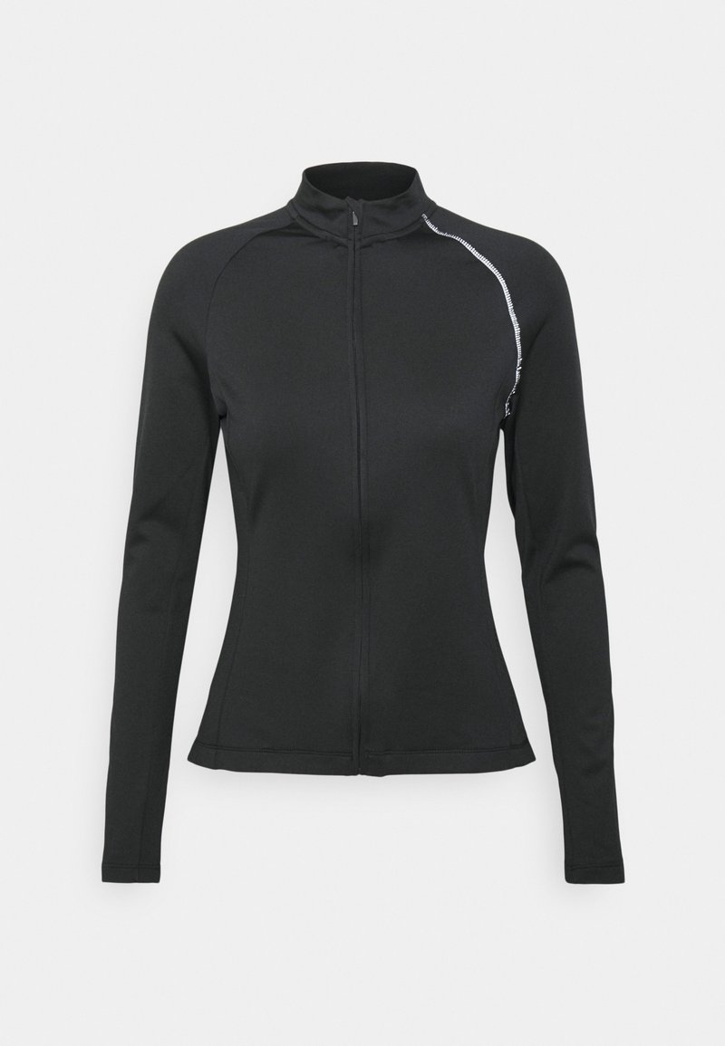 Giacca atletica nera con zip e maniche lunghe, dotata di colletto rialzato e cuciture riflettenti lungo la cucitura della spalla. Texture liscia.