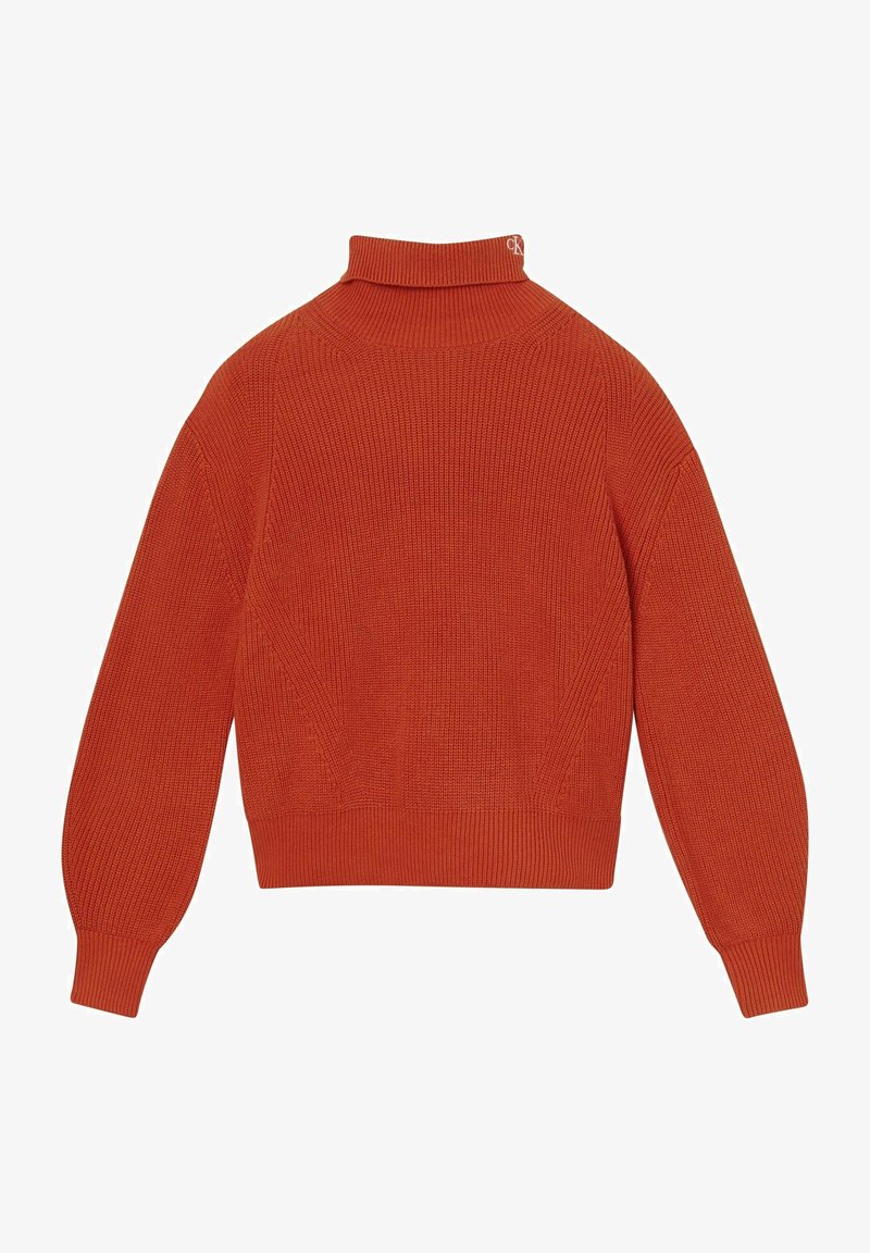 Pull tricot orange avec un col montant, une texture côtelée et une coupe courte. Équipé d'un logo à l'arrière du cou.