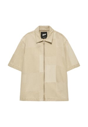 PULL&BEAR, SHORT SLEEVE JACQUARD ZIP-UP DENIM - SHIRT - Chemise - sand