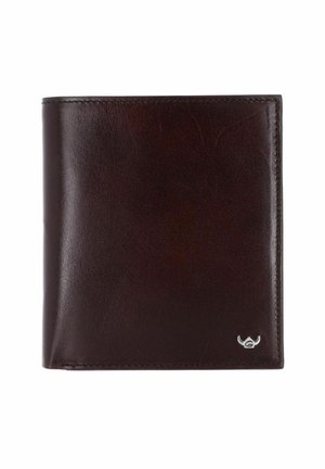 Dunkelbraune Leder-Bifold-Geldbörse mit glatter Textur und kleinem silbernem Logo unten rechts auf weißem Hintergrund.