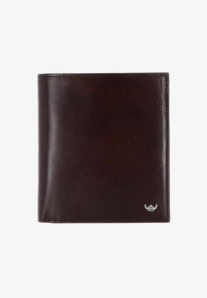 Dunkelbraune Leder-Bifold-Geldbörse mit glatter Textur und kleinem silbernem Logo unten rechts auf weißem Hintergrund.