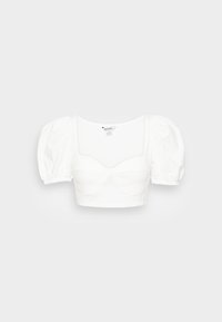 Bílý zkrácený top s krátkými puff rukávy, čtvercovým výstřihem a přiléhavým střihem. Vyrobeno z hladké, lehké látky.