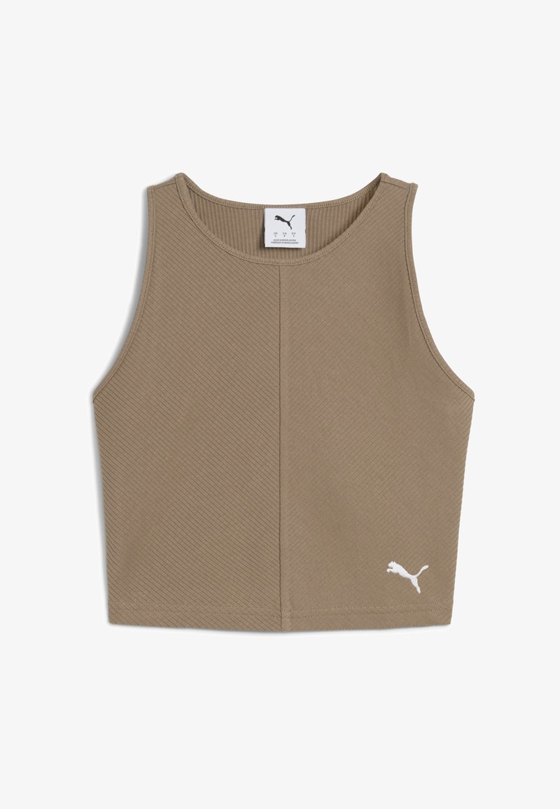 Haut court de sport beige en texture côtelée, avec un col rond, sans manches, et un logo Puma blanc en bas à droite.