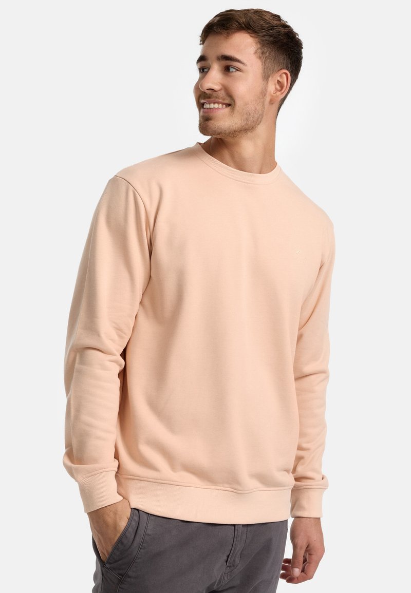 Sweat-shirt crewneck rose clair en tissu doux, avec des manches longues et des poignets côtelés, associé à un pantalon gris. Design simple, sans motifs.