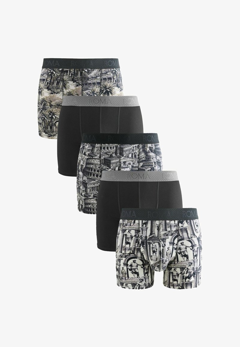 Cinq paires de boxers pour hommes en noir et crème avec des imprimés inspirés de Rome et "ROMA" sur les ceintures en gris et noir alternés.