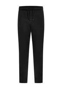 Schwarze Jogginghosen aus weichem Stoff, mit einem elastischen Bund und Kordelzug, tailliertem Beinansatz und ohne sichtbare Muster oder Akzente.