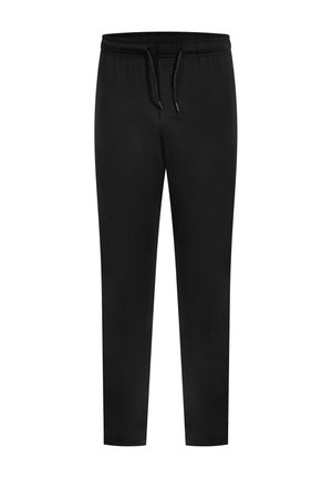Zwarte joggingsbroek gemaakt van zachte stof, met een elastische tailleband met een trekkoord, een tapers ontwerp van de benen en verder geen zichtbare patronen of accenten.