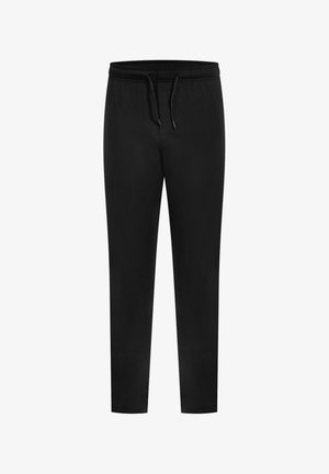 Pantalon de jogging noir en tissu doux, avec une taille élastique et un cordon de serrage, design à jambes fuselées, sans motifs ni accents visibles.