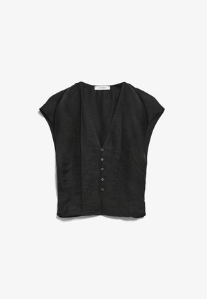 Fekete ujjatlan blúz V-nyakkivágással, öt gombbal elöl és enyhe textúrával, a gallérnál "Ivy Oak" márkajelzéssel.