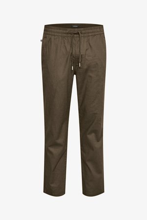 Pantaloni di lino marroni con vita elasticizzata e cordoncino regolabile. Tessuto leggero con una vestibilità rilassata e taglio alla caviglia.