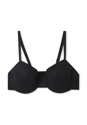 Reggiseno in pizzo nero con coppe imbottite, spalline regolabili e una fascia posteriore liscia. Presenta dettagli con motivo floreale sulle coppe.
