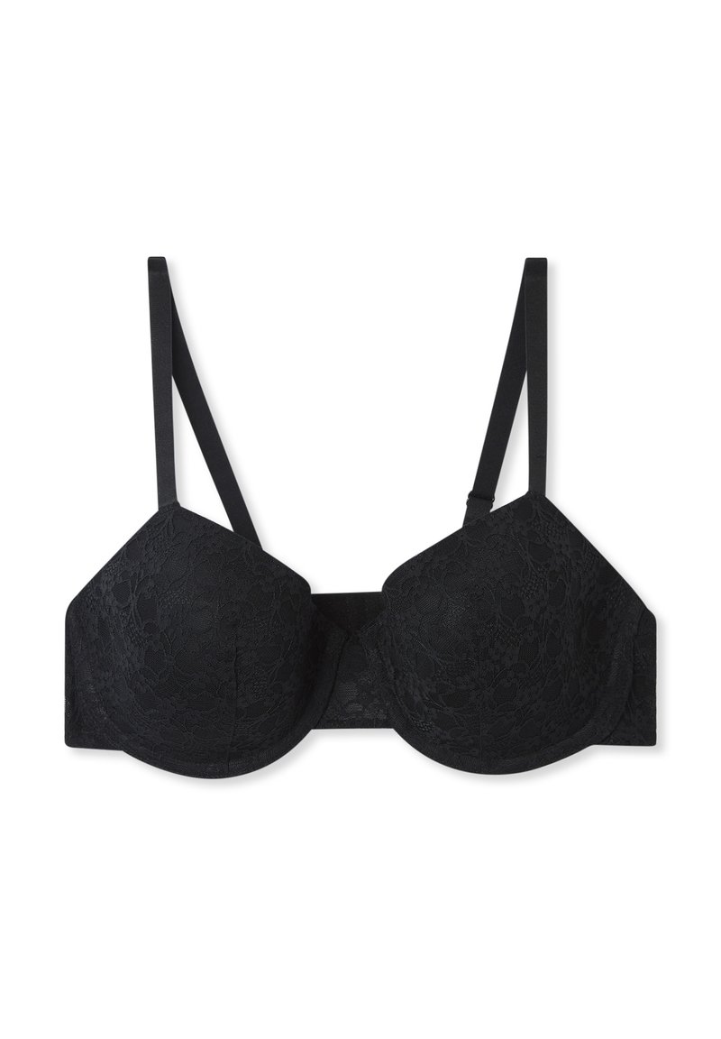 Czarny koronkowy biustonosz z wyprofilowanymi miseczkami, regulowanymi ramiączkami oraz gładką taśmą z tyłu. Posiada zdobienia w kwiatowy wzór na miseczkach.