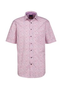 Camicia a maniche corte di colore rosa chiaro con un piccolo motivo floreale in rosso e blu. Presenta un colletto classico e chiusura con bottoni.