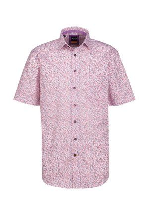 Kurzarmhemd in Hellrosa mit einem kleinen Blumenmuster in Rot und Blau. Verfügt über einen klassischen Kragen und eine knöpfbare Front.