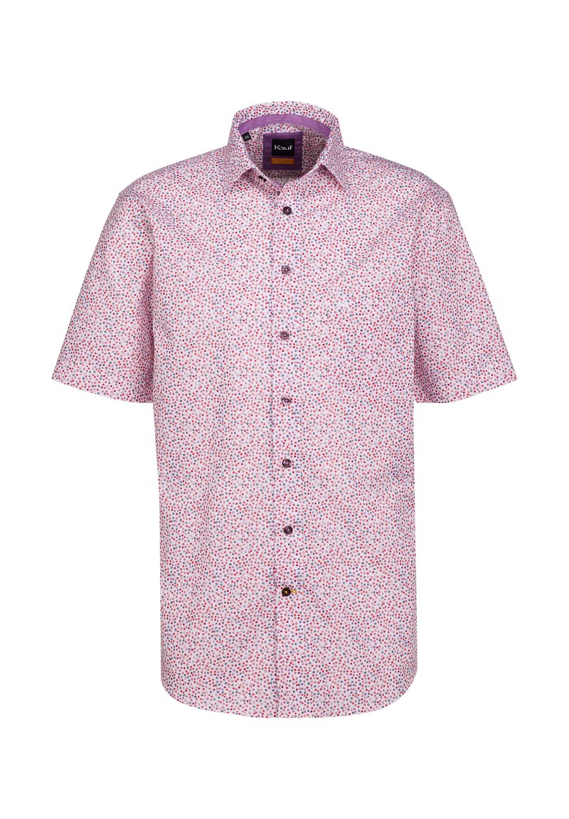 Camicia a maniche corte di colore rosa chiaro con un piccolo motivo floreale in rosso e blu. Presenta un colletto classico e chiusura con bottoni.