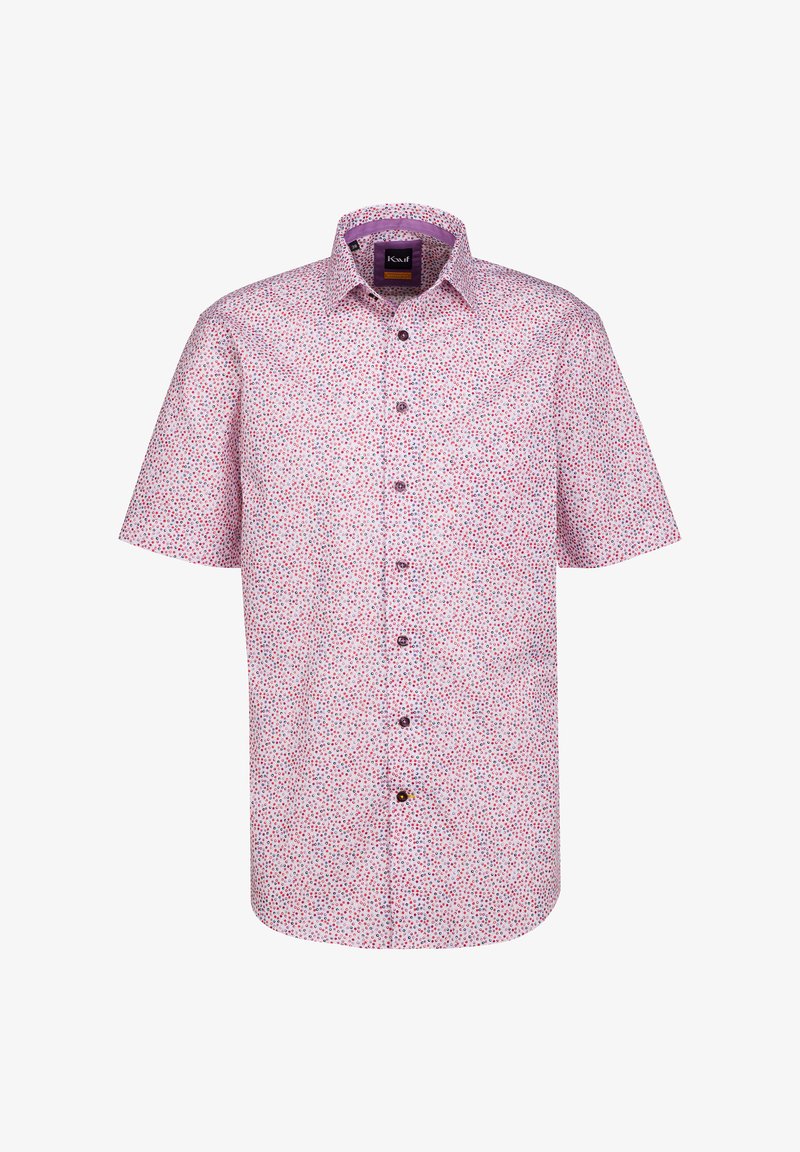 Camicia a maniche corte di colore rosa chiaro con un piccolo motivo floreale in rosso e blu. Presenta un colletto classico e chiusura con bottoni.