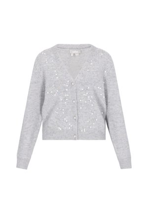 Vaaleanharmaa, lyhyt neuletakki V-pääntiellä, jossa on paljettiyksityiskohtia. Seitsemän nappia edessä, ribbireunukset hihoissa ja helmassa.