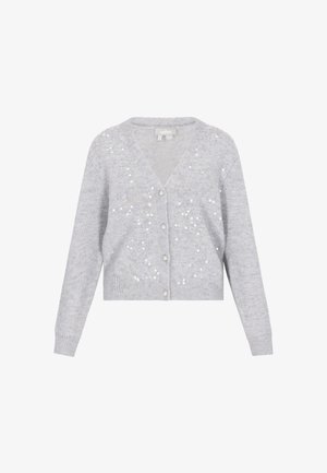 Světlě šedý, zkrácený cardigan s výstřihem do V, zdobený flitry. Sedm knoflíků vpředu, žebrované manžety a lem.