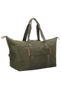 Borsa a tracolla verde oliva realizzata in nylon resistente, con manici in tessuto doppi, chiusura con zip e un accento in pelle nella parte anteriore.