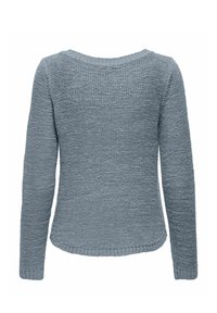 Pull bleu clair en maille, manches longues, col rond, poignets et ourlet côtelés, vu de dos sur fond blanc.
